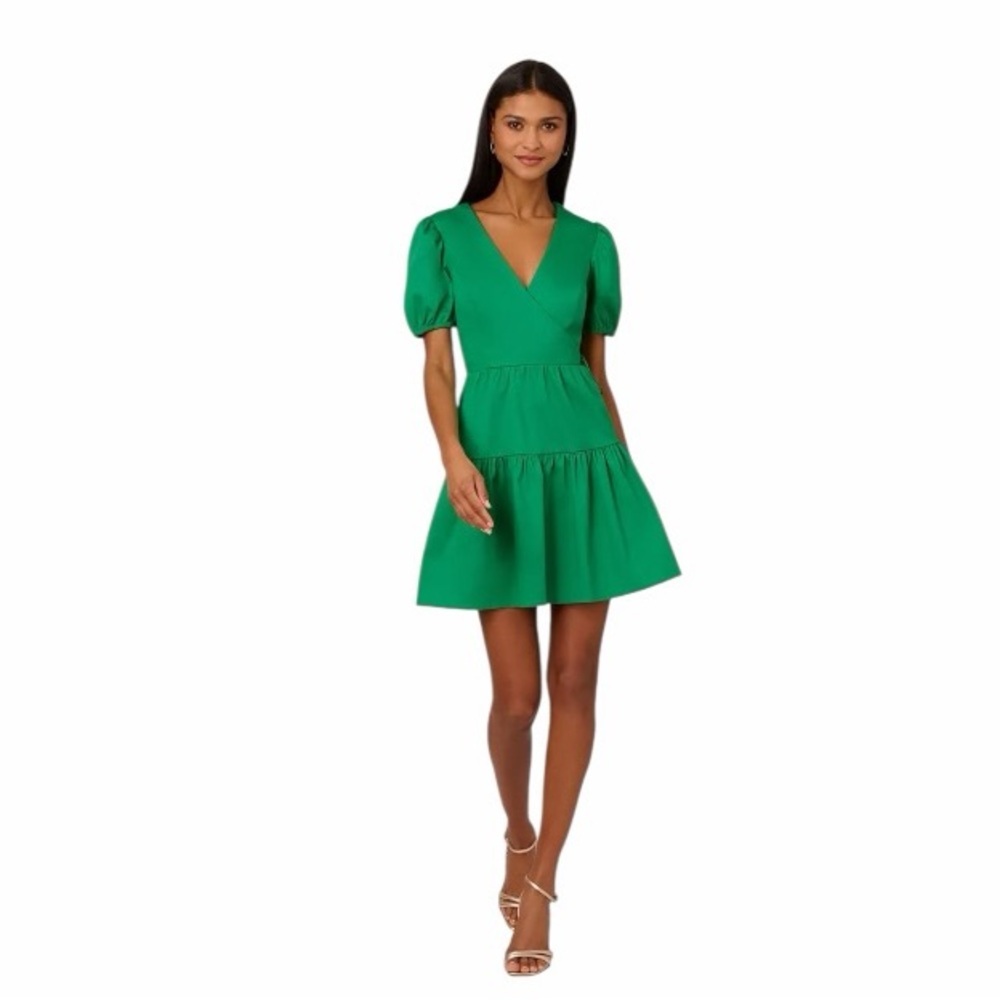 Adrianna Papell Women Green Short Puff Sleeve Tiered Dress Sz 8 - Picture 1 of 4